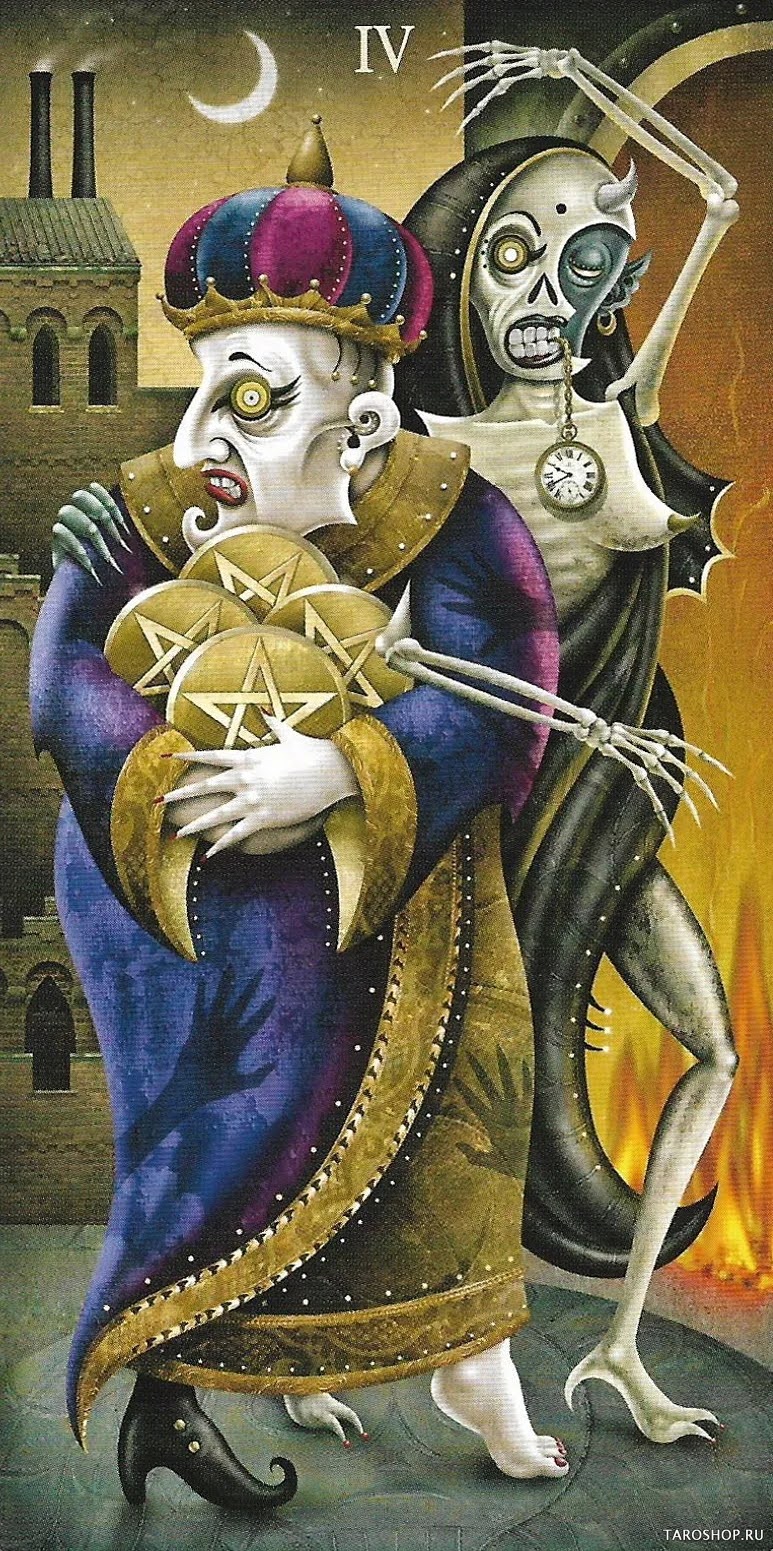 Deviant tarot. Четверка пентаклей Таро безумной Луны. Колода Таро безумной Луны галерея. Таро безумной Луны (Deviant Moon Tarot). Таро безумной Луны галерея четверка пентаклей.